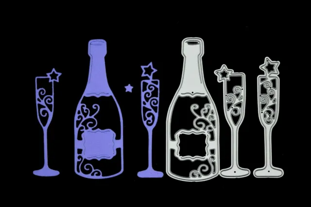 Champagnerflasche & 2 Gläser Flöten Metall Schneidstanzstücke, Party, Hochzeit D5