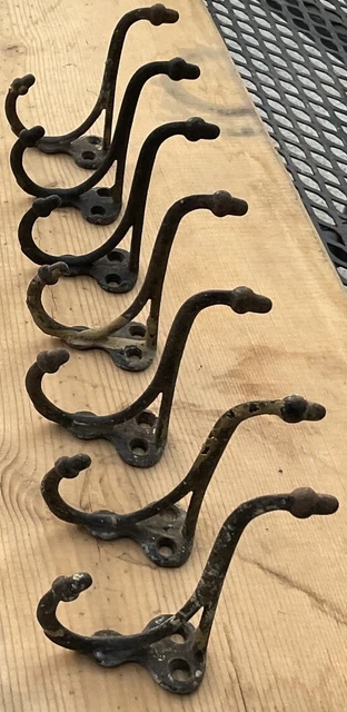7 Vintage Steel or Cast Iron Double Acorn Finial Schoolhouse Coat Hat Hooks