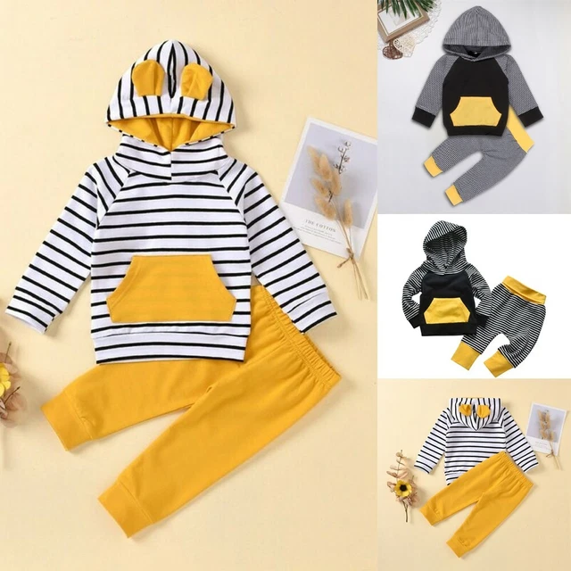 Camicia con cappuccio bambina e ragazzo vestiti a righe maniche lunghe + pantaloni sportivi