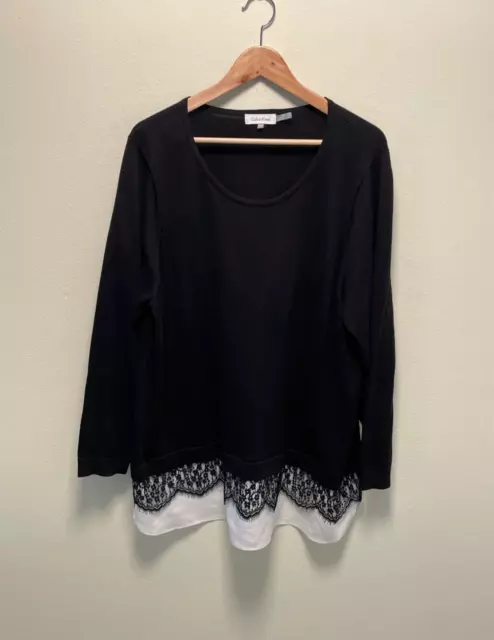 Calvin Klein Sweater Tunic Womens 1X Black Lace Chiffon Hem 3/4 Sleeve Goth FLAW