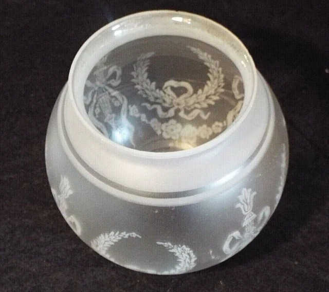 Old Antique GLASS OIL LAMP BANQUET SHADE Mini Ball Frosted FLORAL 3 1/4" Fitter 4