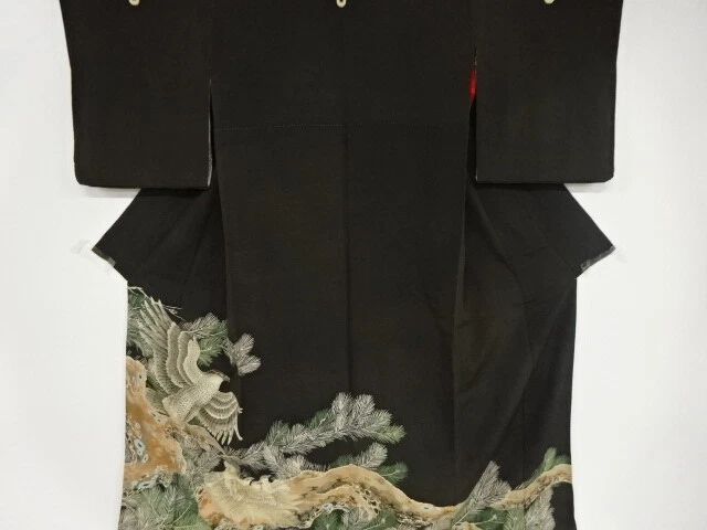 01900# Japanese Kimono / Antique Tomesode / Pine With Hawk