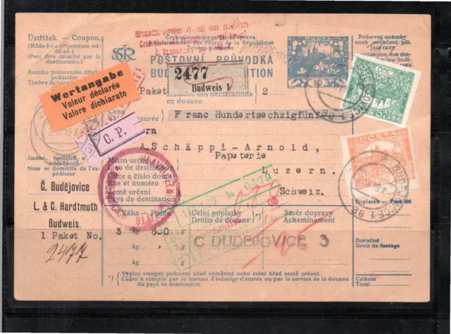 Tschechoslowakei 1919 Freimarken gebraucht auf Paketkarte Budejovice-Luzern