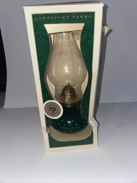 Vintage Lamplight  Farms Clear Glass Hurricane Oil Lamp Green Hobnail Base-NEW