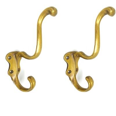 2 COAT HOOKS door solid brass furniture vintage age old style heavy 5 " patina B