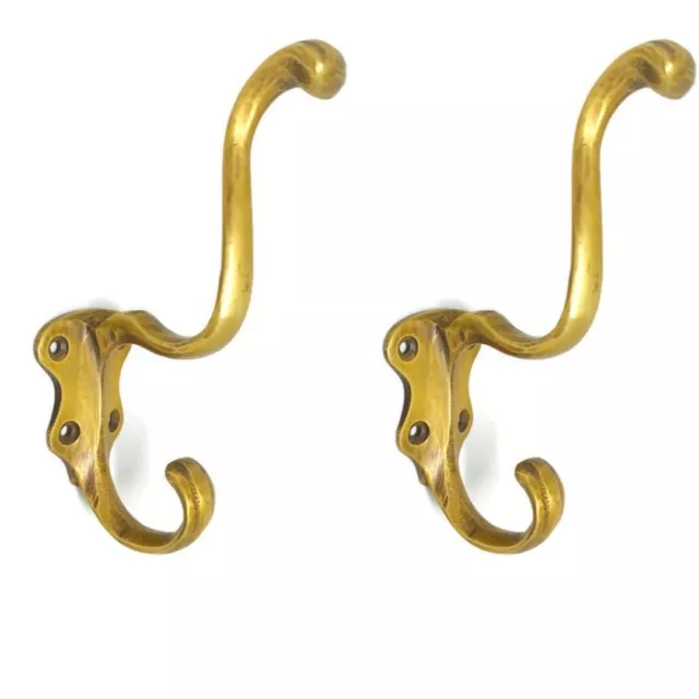 2 COAT HOOKS door solid brass furniture vintage age old style heavy 5 " patina B