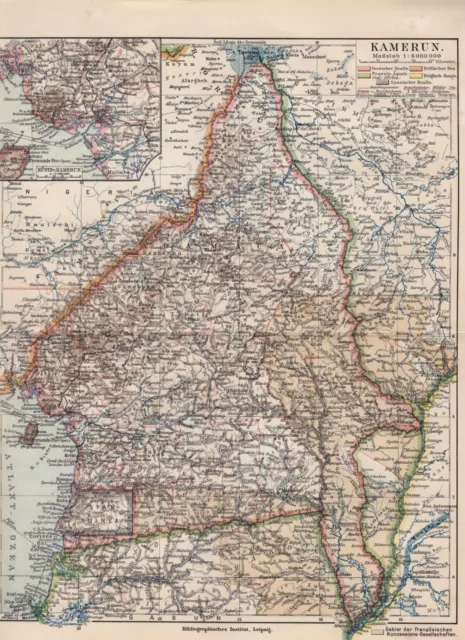 KAMERUN Deutsche Kolonien alte LANDKARTE um 1908 Fernando Poo Adamaua
