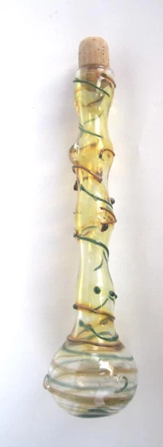 Israel Art Glass Bottle Textured Hand Blown Vase Yellow Green 9 inches Openwork