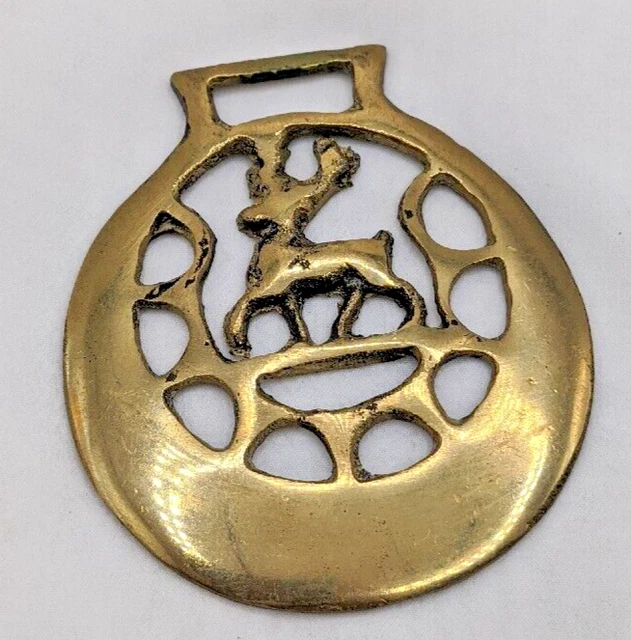Brass Horse Medallion Vintage English Deer Stag Buck Crescent Pierce Parade Show
