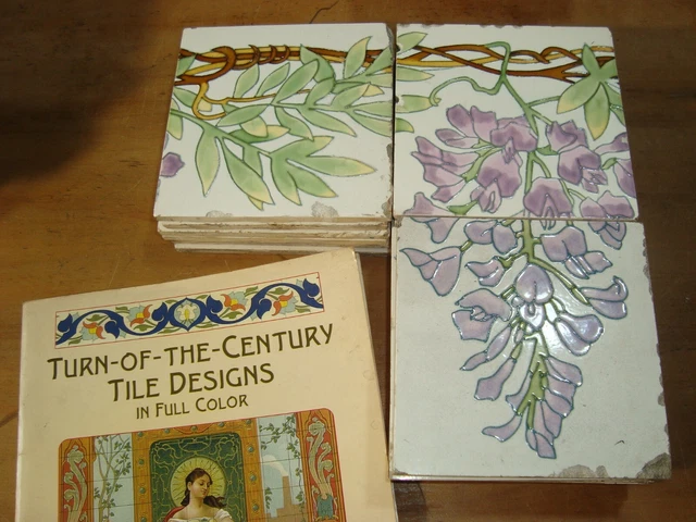 Purple wisteria flowers 36 France Sarreguemines Original antique reclaimed tiles 7