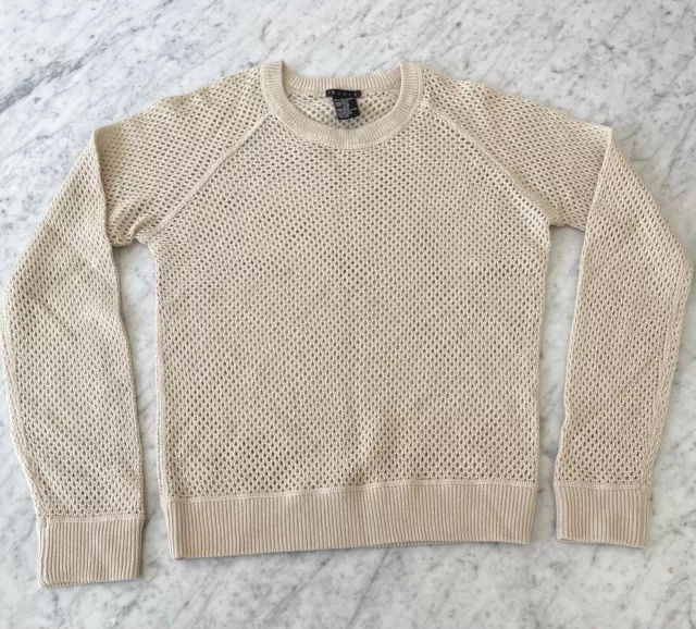THEORY Crew Neck Silk Cashmere Pullover Sweater sz Small Fishnet Knit Beige