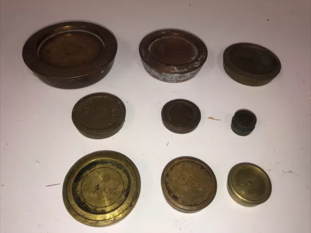 9 Vintage  Imperial Brass Weights   Round Weights 1lb - 1/2 Oz Balanced  Scales