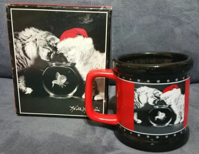 Keith Kimberlin 2006 Cat Kittens Christmas Coffee Mug Gold Fish Bowl Red