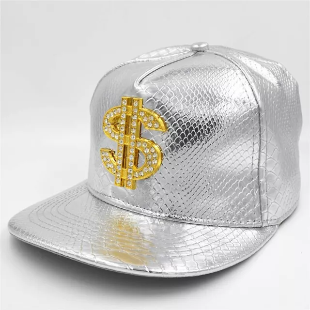 Casquette Bling Bling Argenté Dollar Ajustable Faux Cuir Style Hip Hop Crocodile