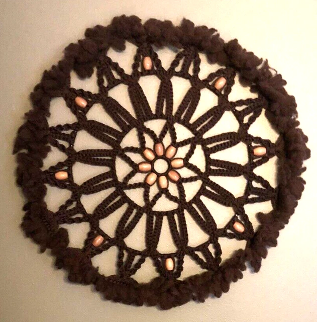 Large VTG 1970s Macrame Round Circular Sundial Medallion Wall Art Wood Beads 30"