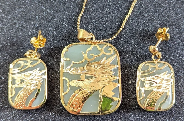 Jade Dragon & Gold Tone Fashion Necklace & Earring Pierced Post Set 18" Chain