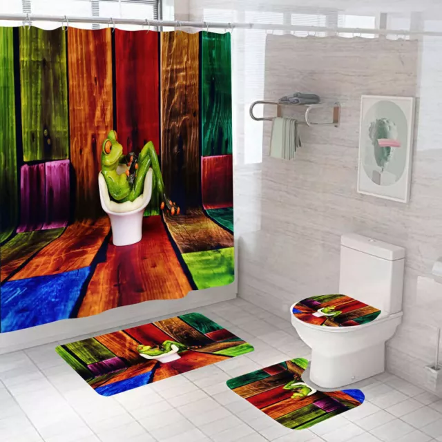 NEW Frog Shower Curtain Set Thick Bathroom Rugs Bath Mat Non-Slip Toilet Lid