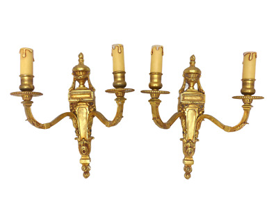 13" Vintage PAIR French LOUIS XVI Wall Light Sconce 2 Lights Gilded Bronze 1970
