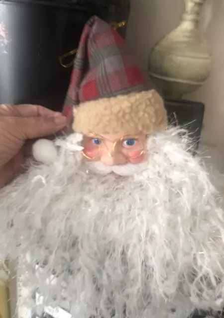 Vtg LG SANTA HEAD Celluloid Face XMAS ORNAMENT Long Yarn Beard GLASSES Plaid HAT