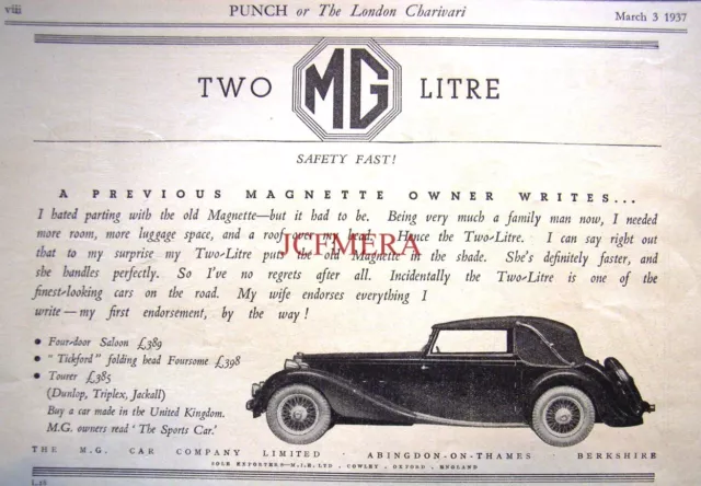 Original 1937 Art Deco Print Advert - MG 'Two-Litre' Sports Car Ad