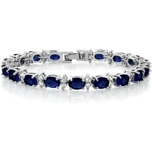 5Ct Oval Cut Natural Blue Sapphire & Diamond Tennis Bracelet Real 14K White Gold