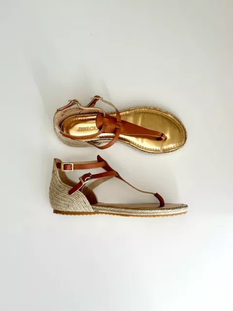 JIMMY CHOO Double T-Strap Flat Leather Sandals in Tan/Gold Size 37.5