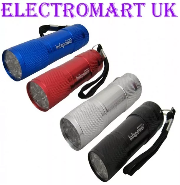 Ultra Bright Metal Metallic Torch 4 Colours 9 Led's Includes Batteries