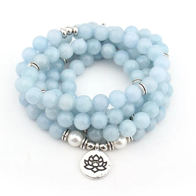 8mm 108 beads Mala Aquamarine bracelet lotus Buddha pendant Yoga Spirituality