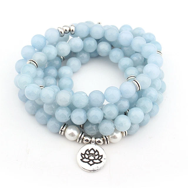 8mm 108 beads Mala Aquamarine bracelet lotus Buddha pendant Yoga Spirituality
