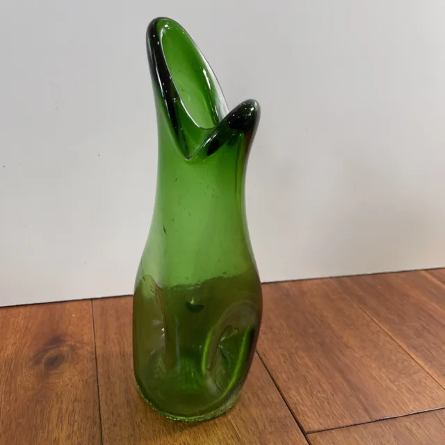 Hand Blown Art Glass Vase Green Modern Art Decor 9” Tall Waffle Bottom Vintage