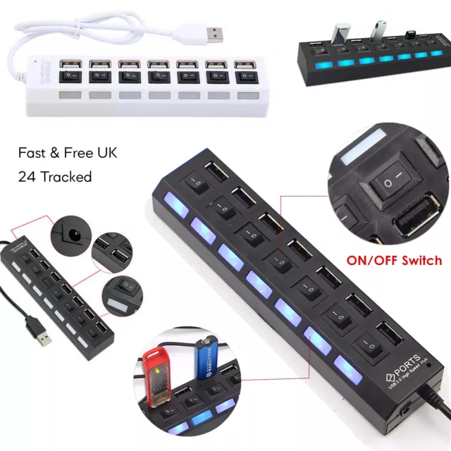 Seven 7 Port USB HUB (2.0) High Speed Multi Splitter Expansion Box For PC Laptop