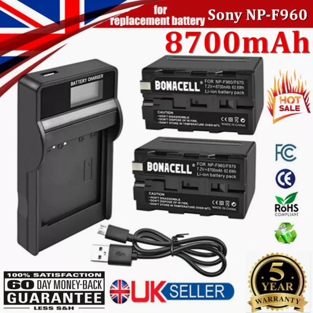 2× 8700mAh NP-F960 Battery +LCD Charger for Sony NPF960 NPF970 NP-F950 CCD-TR UK