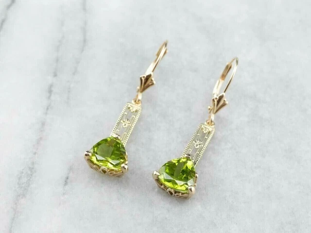 3CTTrillion Cut Lab Created Peridot Drop/Dangle Earrings 14k Yellow Gold Plated