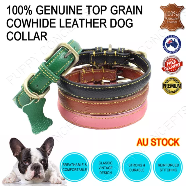 100% Genuine Leather Collar Top Grain Cowhide Vintage Premium Pet Dog Cat
