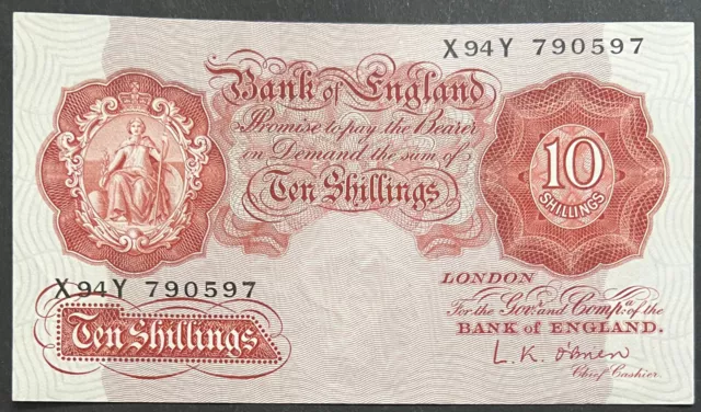 1955 GB 10/- Shillings Banknote L. K.O’Brien Prefix X94Y 790597 Uncirculated