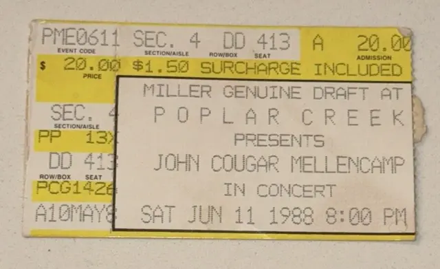 6/11/88 Poplar Creek John Cougar Mellencamp 8pm Concert Music Ticket Stub Levis