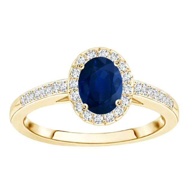 Oval Schliff Blau Saphir Solitiare Halo Ring 14k Gelbgold