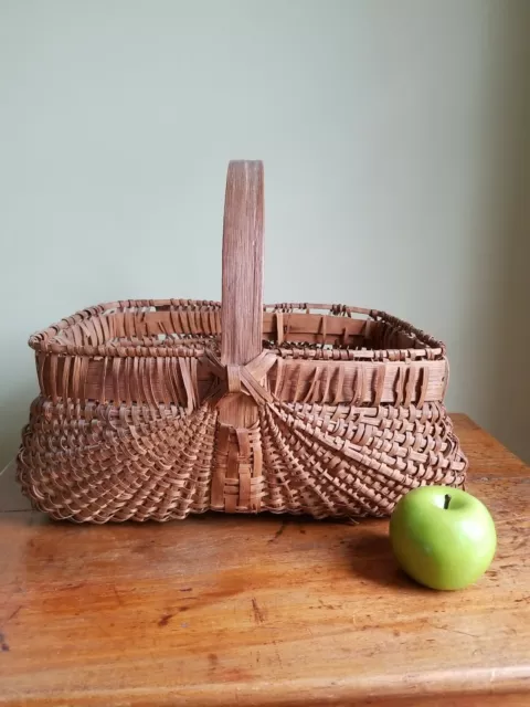 Vintage Primitive Splint Wood Handled Gathering Basket