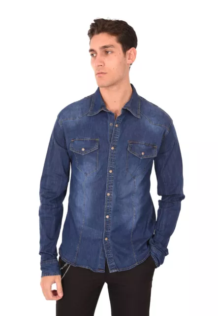 Camicia di Jeans Uomo Slim Fit Elasticizzato Blu in Cotone Denim Manica Lunga