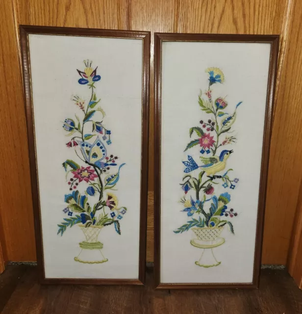 2 VTG Hand Stitched Needlepoint Crewel Flowers Butterfly Bird Pictures Framed