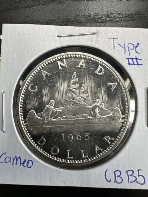 1965 Large beads blunt 5 Type 3 Cameo Canadian Silver Dollar Coin Uncirculated