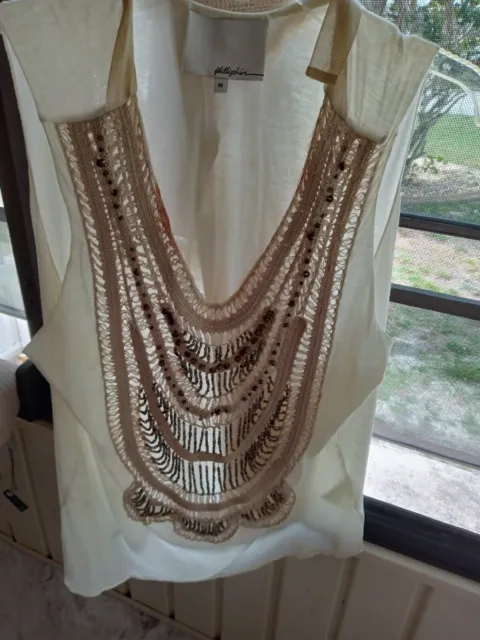 PHILLIP LIM HEAVILY BEADED Beige Tan Cream Sleeveless Top w/Ties at Neck for FIT