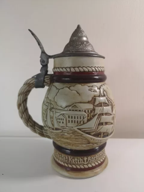 Large Vintage 1972 Handmade German Round 3D Tankard, Sail Ships Design