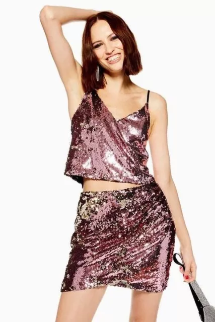 Topshop Sequin Cami Tank Top Reversible Pink Silver Sequins Holiday Women's 4 2