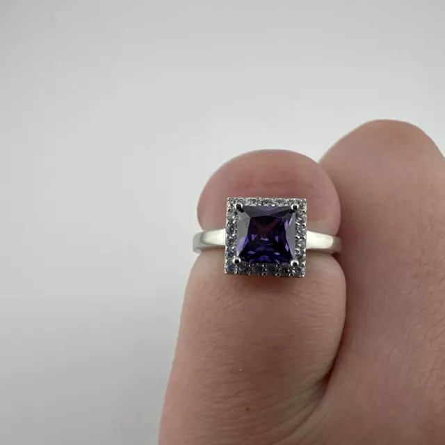 925 Sterling Silver Amethyst Clear Cz Stone Rhodium Plated Ring Size 5