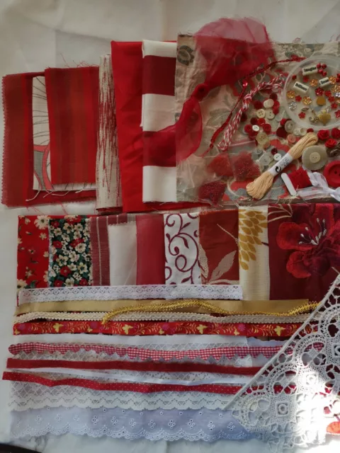 Large Red Slow Stitch Kit /Journal Sewing Craft Scrap Bag Bundle