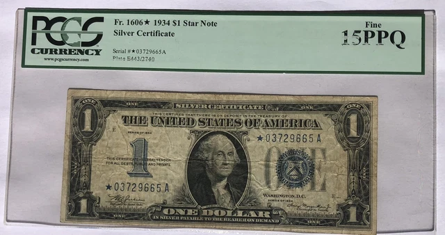 1934 $1 Silver Certificate Funny Back Note Fr.1606* Pcgs15 Fine