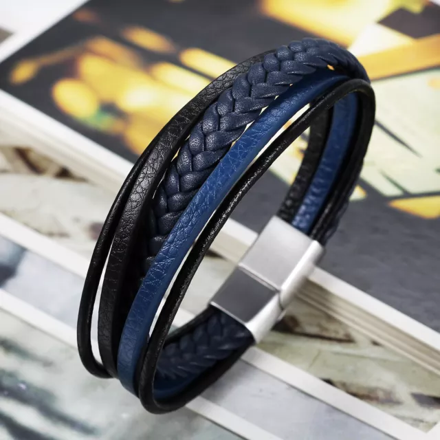 Stainless Steel Multi-layer Men Blue Braided Leather Bangle Bracelet Magnetic 2