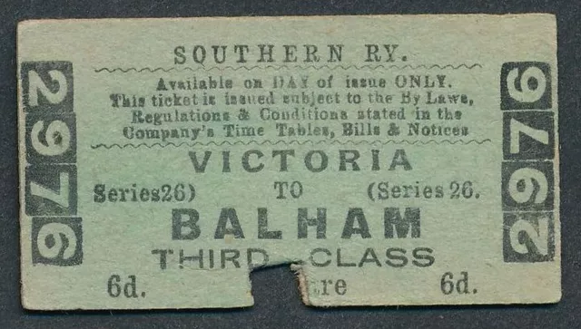 Southern Railway ticket 3rd cl Victoria - Balham FE 20 25  QY7457