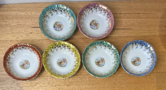 Vintage Bavaria Ceramic Bowls Set of 6 Gold Detail Coloured Set Woman Romance